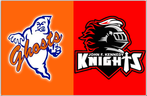 Logos of Eastside and JFK high school sport teams. Left panel: Ghosts logo. Right panel: Knights logo